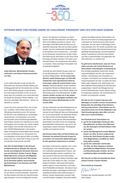 OFFENER BRIEF VON PIERRE-ANDRE DE CHALENDAR, PRÄSIDENT UND CEO VON SAINT-GOBAIN