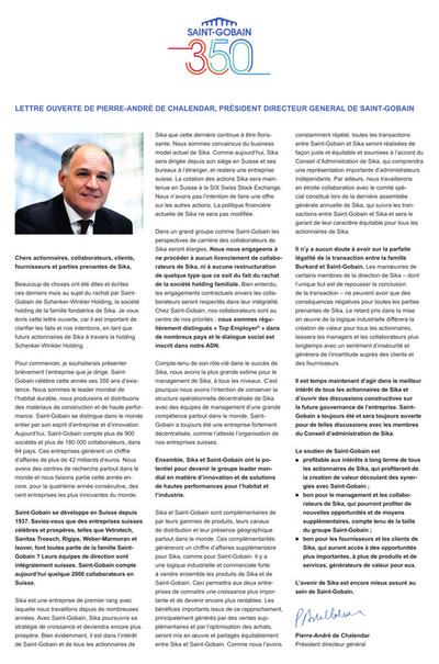 LETTRE OUVERTE DE PIERRE-ANDRÉ DE CHALENDAR, PRÉSIDENT DIRECTEUR GENERAL DE SAINT-GOBAIN