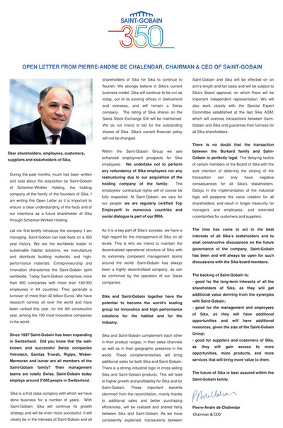 OPEN LETTER FROM PIERRE-ANDRE DE CHALENDAR, CHAIRMAN & CEO OF SAINT-GOBAIN